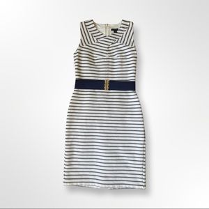 Blue and White Belted Ann Taylor Petite Ponte Shift Dress